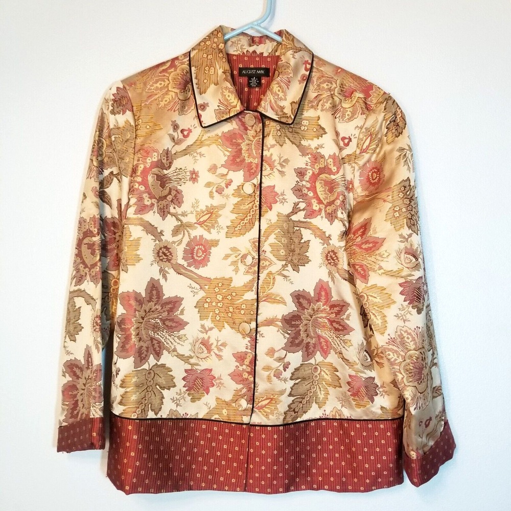 AUGUST MAX 100% Silk Floral Contrast on Sleeve‎ and Hem Button Up Jacket Size 2X